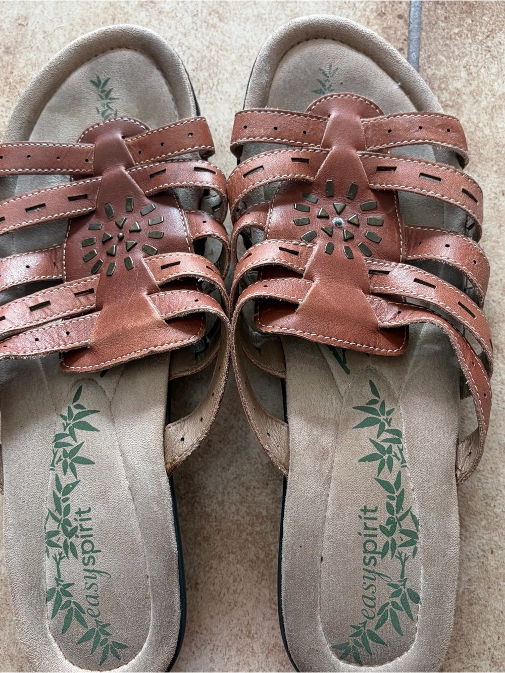 Easy Spirit Women's Cognac Brown Leather Strappy Slide Sandals